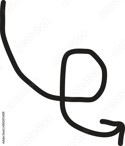 Hand drawn black doodle arrow with a loop pointing down and to the right