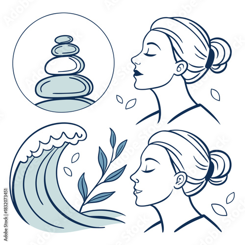 Tranquil spa scene featuring women s profiles zen stones and natural elements