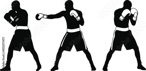 Three boxer silhouettes in different fighting stances on white background