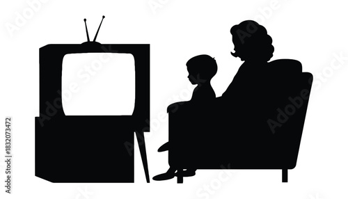 Silhouette of mother and child watching television on a vintage set