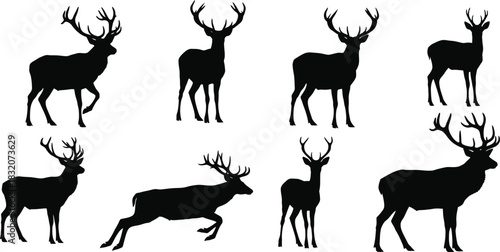 Deer silhouette collection antlered buck in various poses isolated