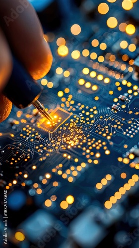 Close-up of a technician's hand using a probe to test a circuit board, with glowing lights and a focus on technology and electronics.