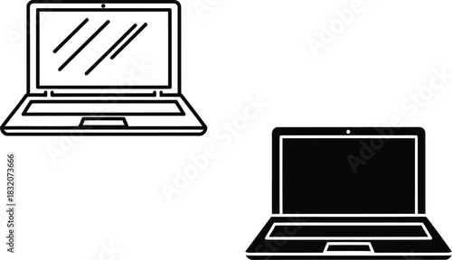 Two laptop computers one outlined one solid vactor black on white background technology
