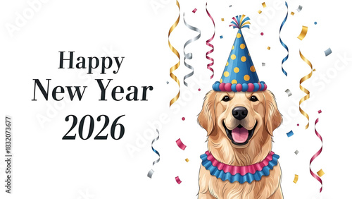 Cheerful Golden Retriever Celebrates New Year 2026 with Confetti and Party Hat