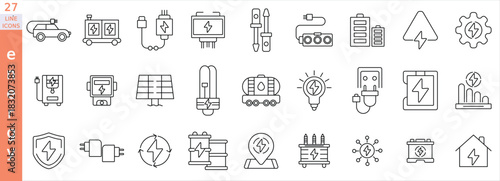 Electricity, electrical energy icon set. Contains icons Electric power line, light, light bulb and electrical equipment.