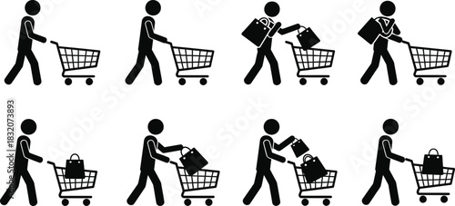 Stick figure shopping sequence person with cart and bag