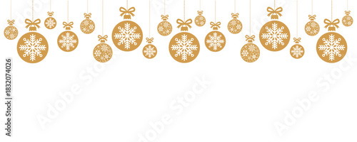 Elegant horizontal border of hanging gold Christmas baubles with white snowflake designs on white background, ideal for festive banners, greeting cards, invitations and modern holiday web or print pro