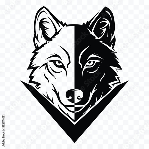 Black and white graphic illustration of a wolf head divided vertically with sharp angular lines