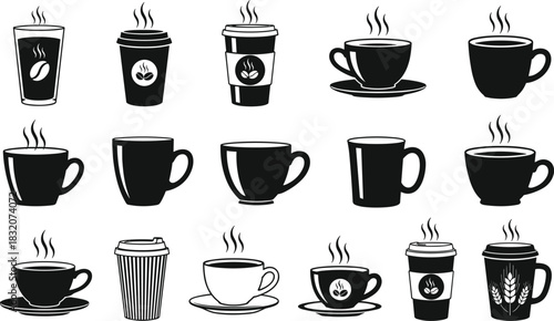 Coffee cup silhouette collection, black and white vector icons of mugs, to-go cups, steam, beans, saucers, for café, branding, and design