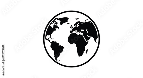 A striking circular design showcases a world globe in black and white silhouette