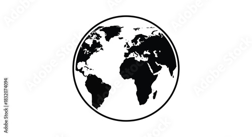A striking black and white depiction of planet earth within a circular frame silhouette
