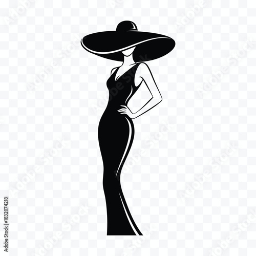Black silhouette of a woman in a wide brim hat and elegant long dress female fashion