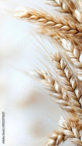 Close-up of wheat stalks against a blurred white background. The image has soft lighting and a focus on the texture of the wheat.