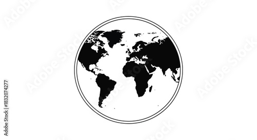 A circular design showcases the world globe in black and white a striking silhouette