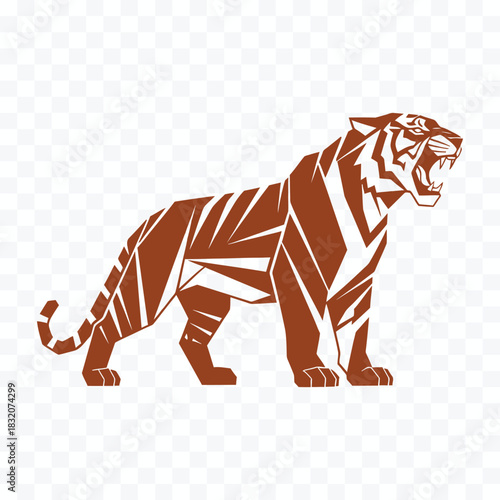 Brown tiger roaring with geometric patterns and sharp angles on transparent background animal
