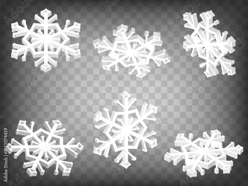 Set of perspective projections 3d Snowflake model icons on transparent background.  3d Snowflake icon illustration with different views and angles.  Abstract concept of graphic elements for your web s