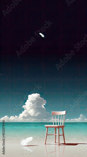 A white chair sits on a beach with a feather on the sand and another floating in the sky. A large cloud formation and ocean are in the background.