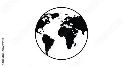 A stark white background showcases a detailed globe its continents sharply defined as a silhouette