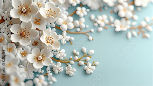 Close-up of white cherry blossoms with gold details on a light blue background, creating a decorative design.