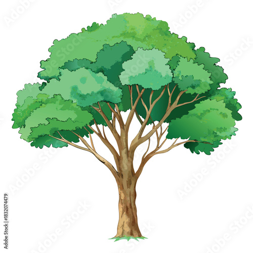Beautiful green tree illustration with layered foliage and a textured trunk, in a clean, watercolor-style design