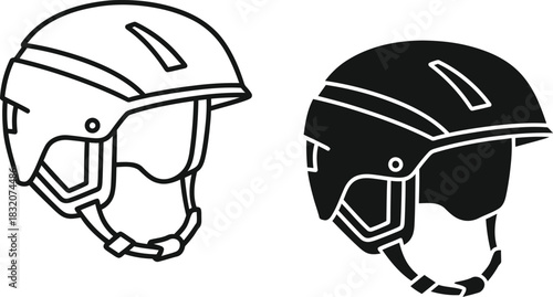 Two protective helmets one outlined one solid vactor black vector illustration protective gear