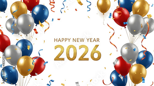 Happy New Year 2026 Celebration with Colorful Balloons and Confetti