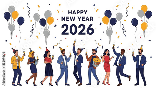 Celebrating Happy New Year 2026 with Balloons and Cheerful People