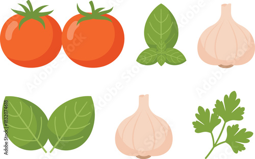 Flat Design Vector Set of Italian Cooking Ingredients, Fresh Tomato, Basil, Garlic, and Parsley Herbs