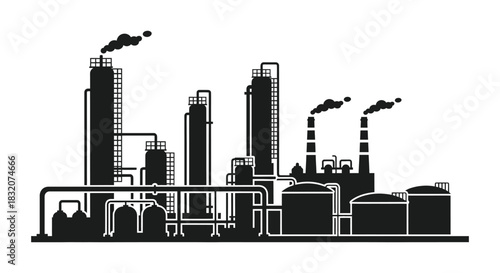 Industrial complex with multiple smokestacks emitting pollution a stark black and white silhouette