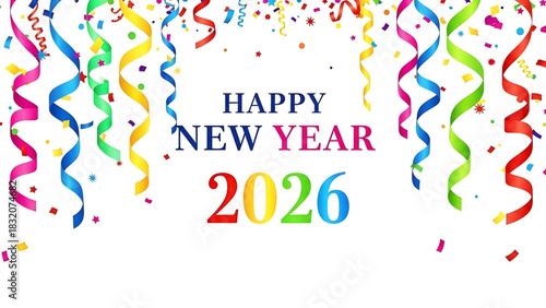 Festive Happy New Year 2026 Celebration with Colorful Confetti and Ribbons