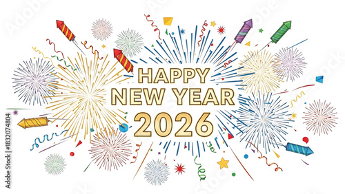 Colorful Happy New Year 2026 celebration with fireworks and party elements