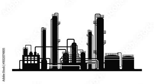 Industrial complex with distillation towers pipes and tanks against a white background silhouette