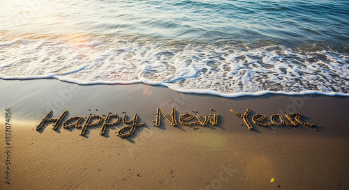 Happy new year message on sandy beach