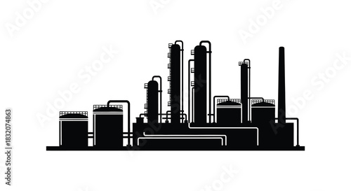 a striking industrial complex with various towers pipes and tanks in black silhouette
