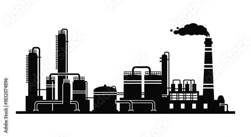 Industrial complex with smokestacks and buildings depicted in a striking black and white silhouette