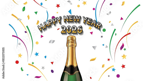 Happy New Year 2026 celebration with champagne bottle and confetti design