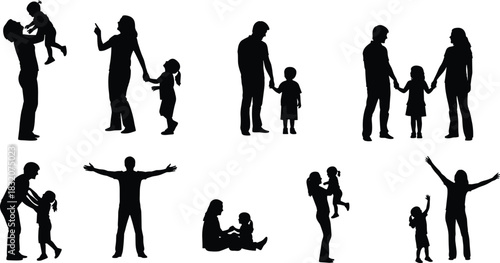 Parent and child silhouette collection, emotional bonding, family interaction, black vector icons for caregiving, parenting, love, support, and relationship design