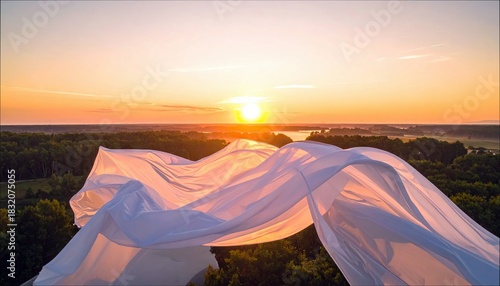 A white fabric billowing in the wind with a beautiful sunset in the background. The scene is outdoors with trees and a body of water.