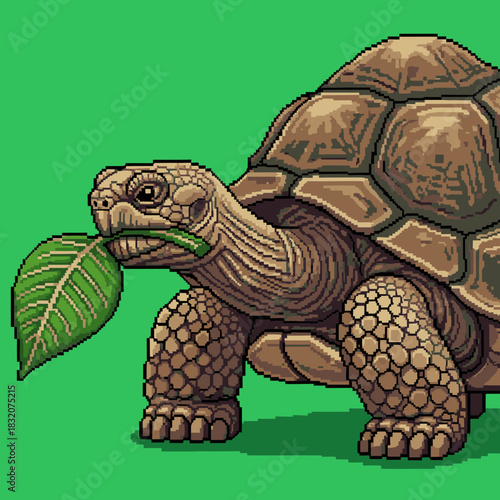 A pixel art illustration of a brown tortoise with a textured shell eating a green leaf against a solid green background.
