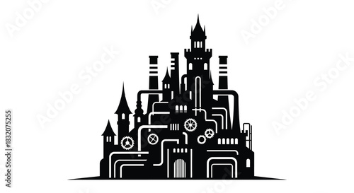 A striking black castle illustration with multiple towers and detailed architectural elements silhouette