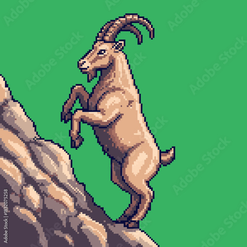 Pixel art illustration of an ibex standing on its hind legs on a rocky mountain against a vibrant green background, showcasing detailed retro graphics.