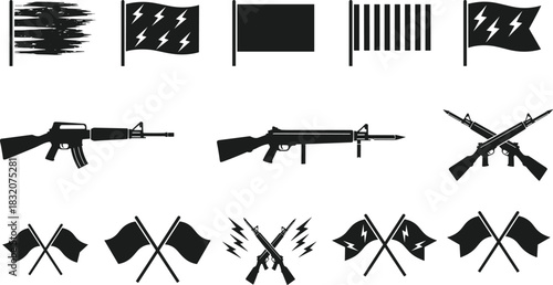Military flags and weapon silhouettes, crossed rifles, lightning bolt symbols, vector icons for tactical design, combat graphics, emblem creation, and insignia
