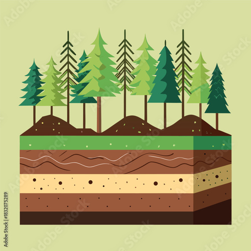 Flat vector illustration of a forest landscape with layered earth cross-section, pine trees, rolling hills, and earthy color tones