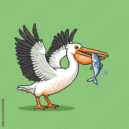A pixel art illustration of a white pelican with black wingtips holding a blue fish in its large orange beak, set against a plain green background.