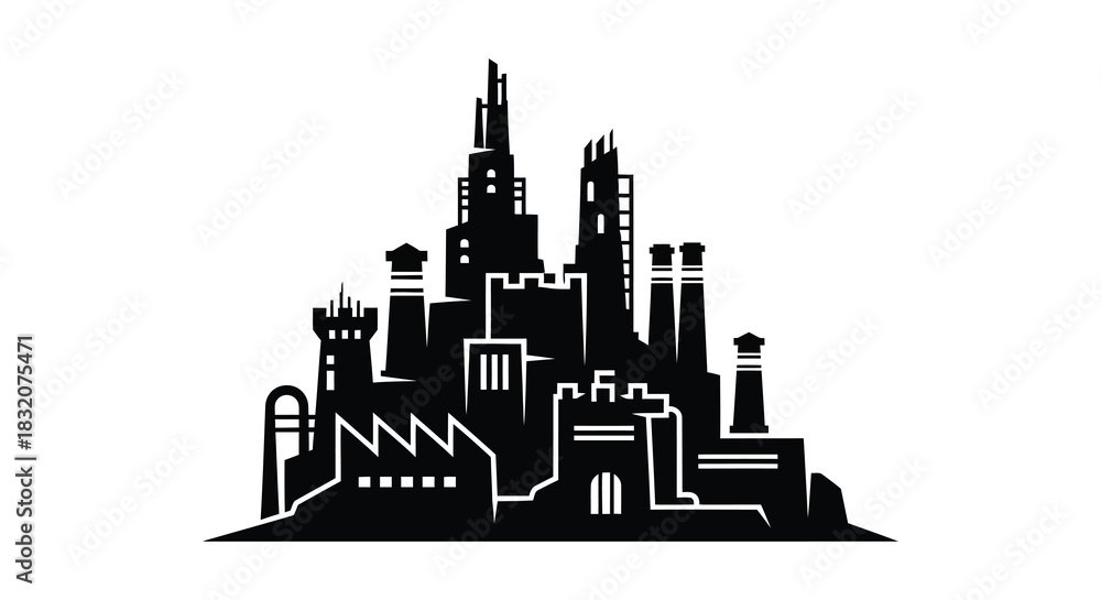 Obraz premium Dramatic black cityscape with unique architectural elements and a striking silhouette