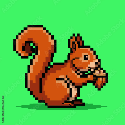 A pixel art illustration of a brown squirrel with a bushy tail, holding and eating a nut, set against a vibrant green background.