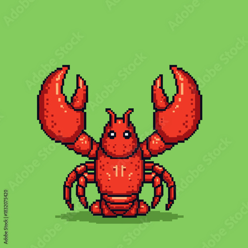 A vibrant red pixel art lobster with large claws stands against a bright green background, showcasing a charming retro video game aesthetic.