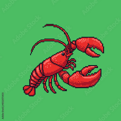 Vibrant red pixel art lobster with large claws on a solid green background, showcasing a digital art style.