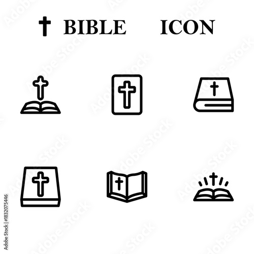 Bible icon set featuring holy book symbols, faith elements, Christian graphics, scripture designs, worship visuals, and spiritual illustrations for digital projects.