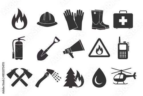 Fire safety and emergency equipment icons collection, including fire extinguishers, alarms, hoses, helmets, and emergency signs, designed for safety manuals